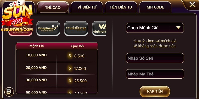 Nạp tiền Sunwin siêu tốc, miễn phí bằng thẻ cào điện thoại trực tuyến 